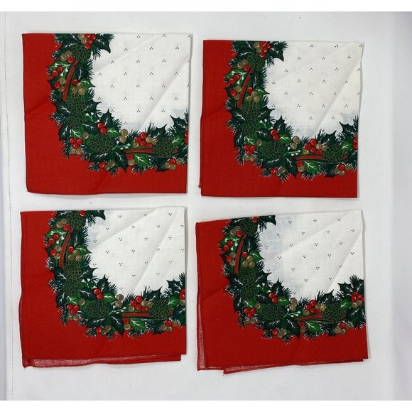 Lot of 4 Vintage Sunweave Linen Christmas Holiday Napkins Red Green Holly 17x17" - Picture 3 of 5